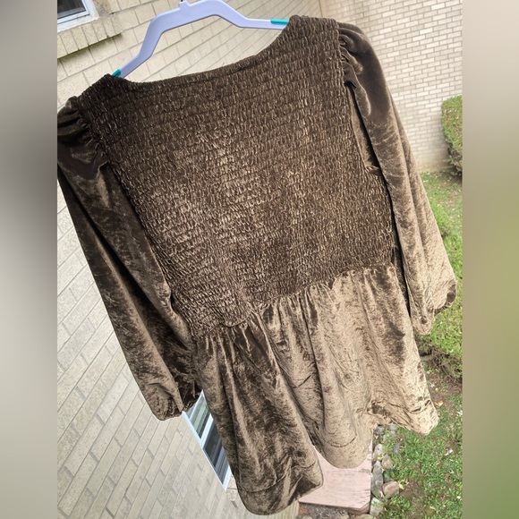 Free People Farrier Velvet Mini Dress Brown Bear Balloon Sleeves Smocked Bodice - Picture 14 of 17